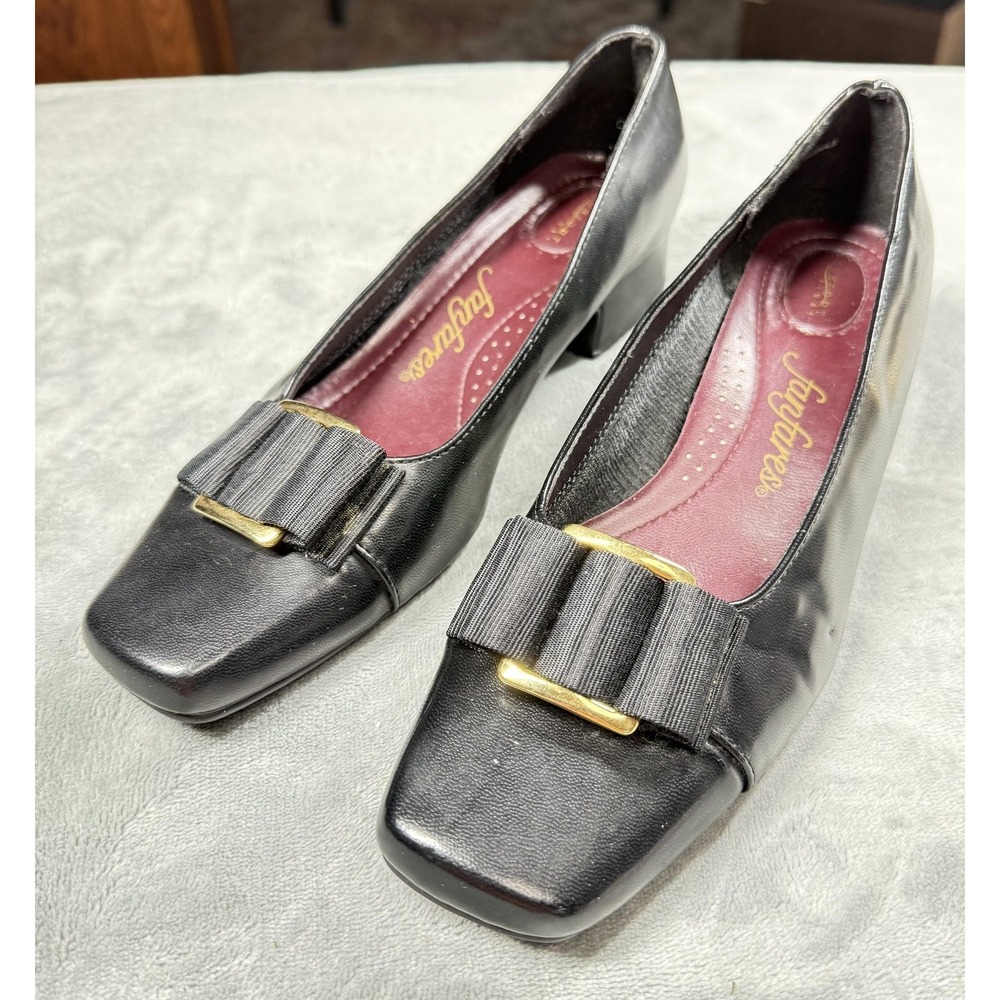 Fanfares Shoes Womens‎ Size 8 Black BEAU 12 Comfort Bow Low Block Heel Pumps